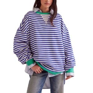Free People Classic Striped Oversized Crewneck Sand Dollar Sz XL NWT‎ $98